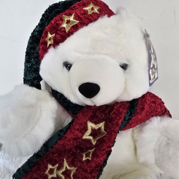 2001 Kmart Collectible Bear Christmas Edition Red & Green Hat & Scarf With Stars - Picture 2 of 7